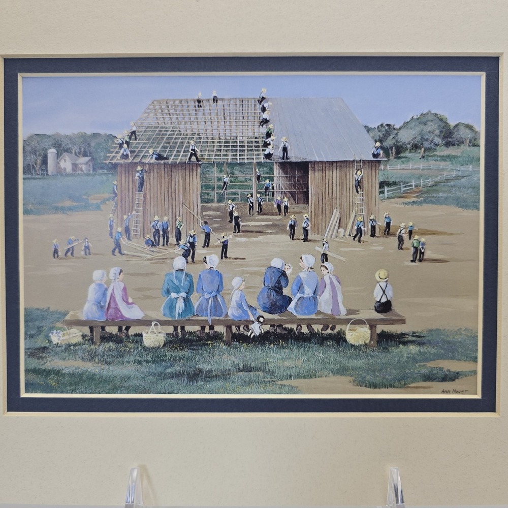 Ann Mount Amish Barn Raising Art Print Matted Folk Art Country Scene